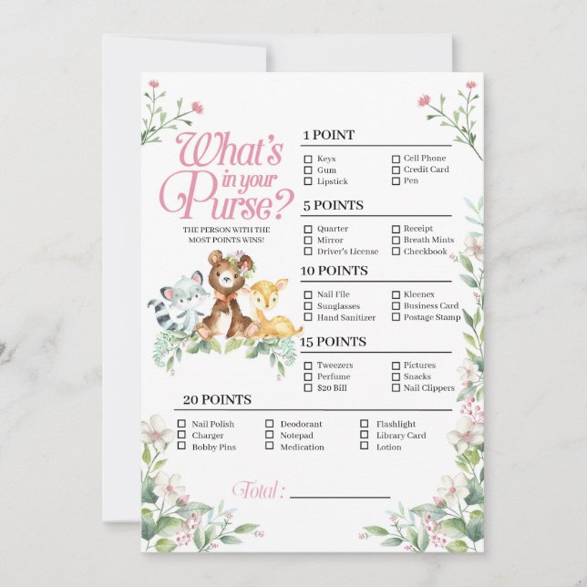 Invitación Woodland Baby Shower ¿Qué hay en tu juego de bolso (Anverso)