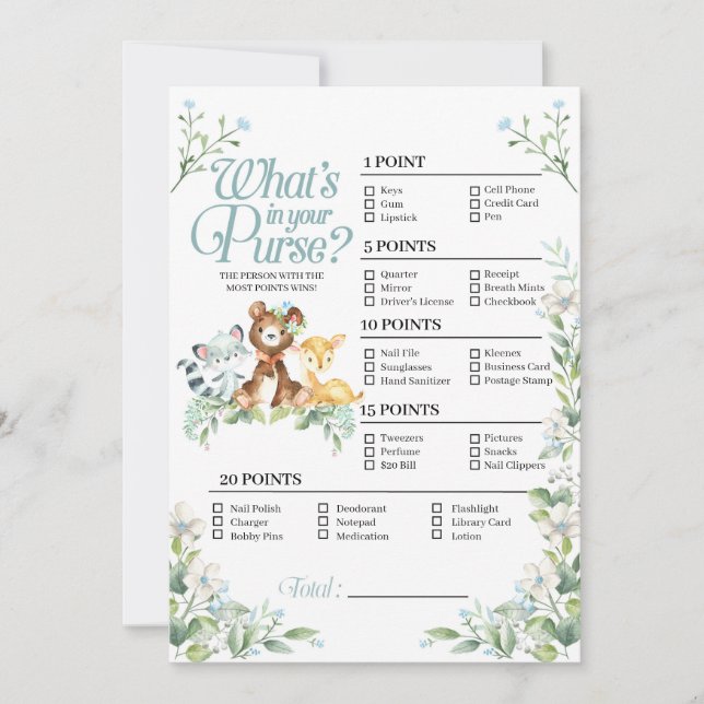 Invitación Woodland Baby Shower ¿Qué hay en tu juego de bolso (Anverso)