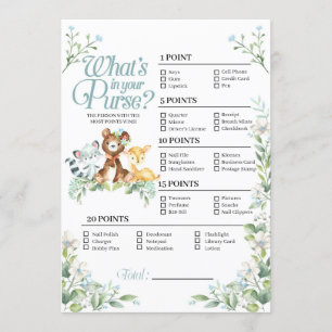 Invitación Woodland Baby Shower ¿Qué hay en tu juego de bolso
