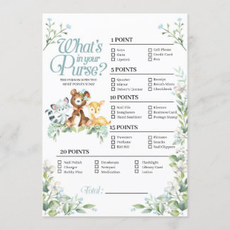 Invitación Woodland Baby Shower ¿Qué hay en tu juego de bolso