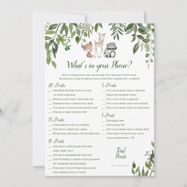 Invitación Woodland Baby Shower - ¿Qué hay en tu juego de tel (Anverso)