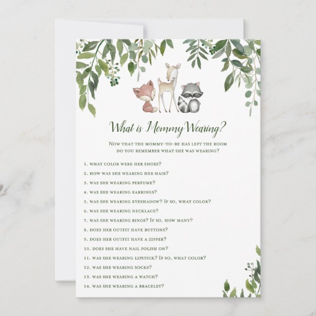 Invitación Woodland Baby Shower What's Mommy Wearing Game 5x7 (Anverso)