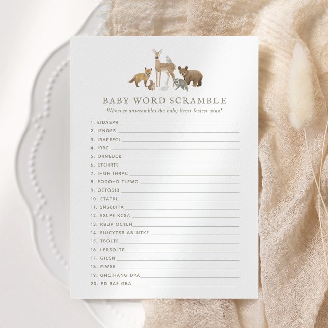 Invitación Woodland Baby Shower Word Scramble (Subido por el creador)
