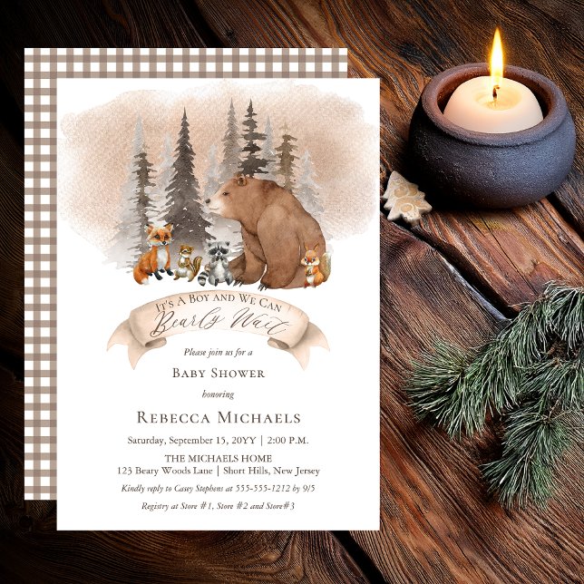 Invitación Woodland Bear |Animales Bearly Wait Boy Baby Showe (Rustic Bear and Woodland Animals "Bearly Wait" Boy Baby Shower Invitation - Print | Digital)