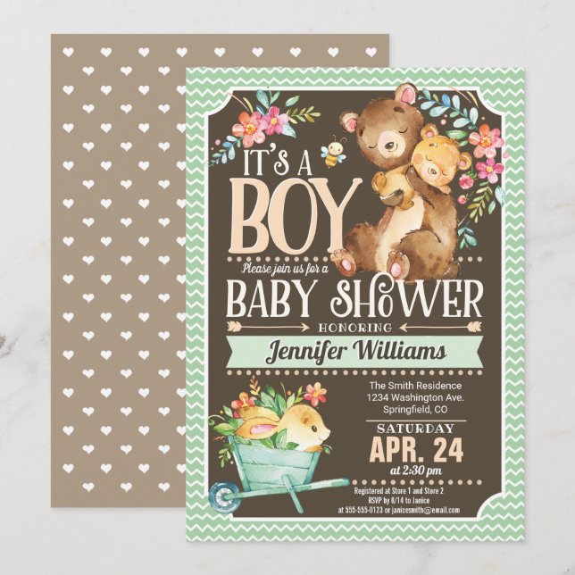 Invitación Woodland Bear Baby Shower Invitation Boy (Anverso / Reverso)