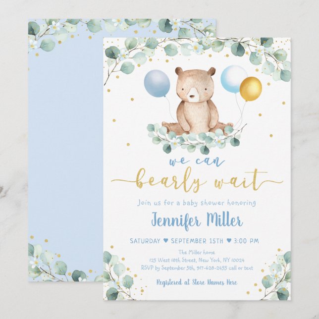 Invitación Woodland Bear Blue Gold Green Baby Shower (Anverso / Reverso)
