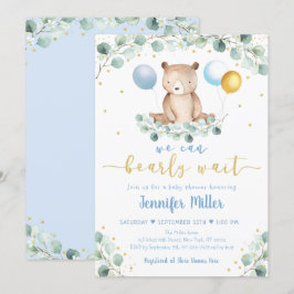 Invitación Woodland Bear Blue Gold Green Baby Shower