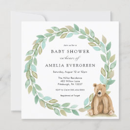 Invitación Woodland Bear con Foliage Wreath Baby Shower