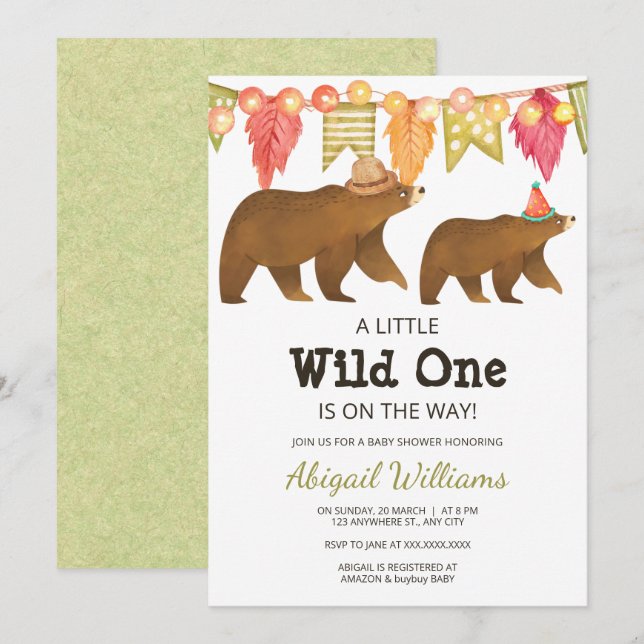 Invitación Woodland Bear Fiesta Baby Shower Wild One (Anverso / Reverso)