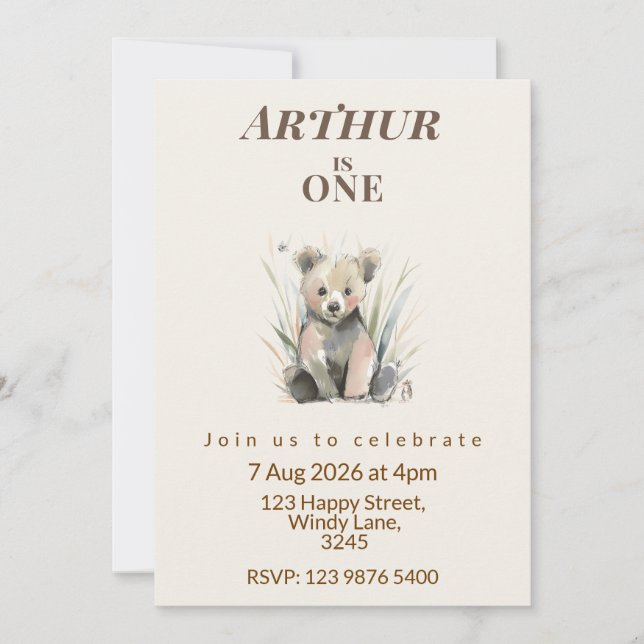 Invitación Woodland Bear First Birthday Invitation (Anverso)