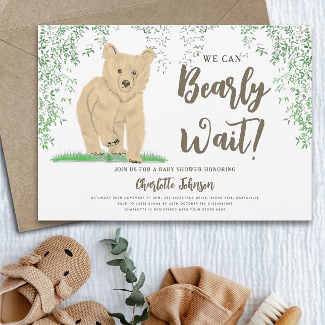 Invitación Woodland Bear Gender Neutral Baby Shower (Woodland bear we can bearly wait gender neutral baby shower invitation)
