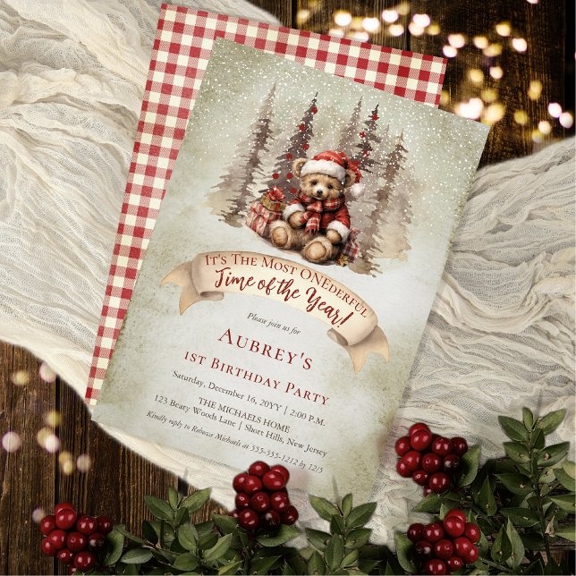 Invitación Woodland Bear ONE Fantástico feriado Primer Fiesta (Woodland Bear "Most ONEderful Time of the Year!" 1st Birthday Party Invitation)
