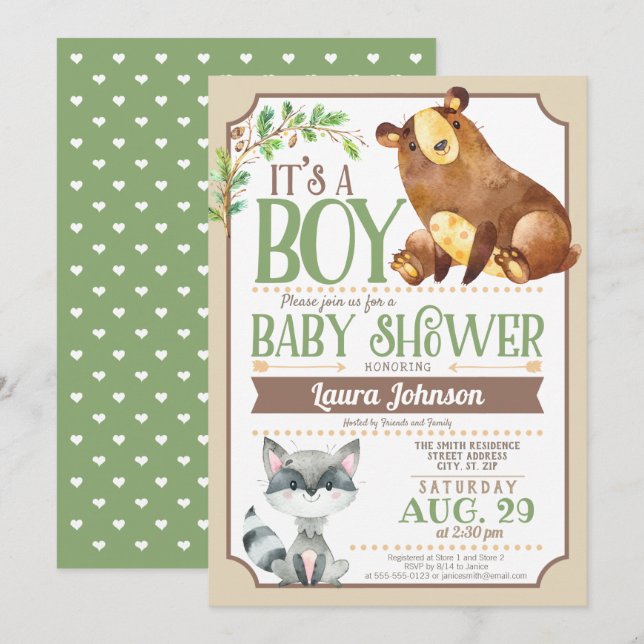 Invitación Woodland Bear & Raccoon Boy Baby Shower (Anverso / Reverso)