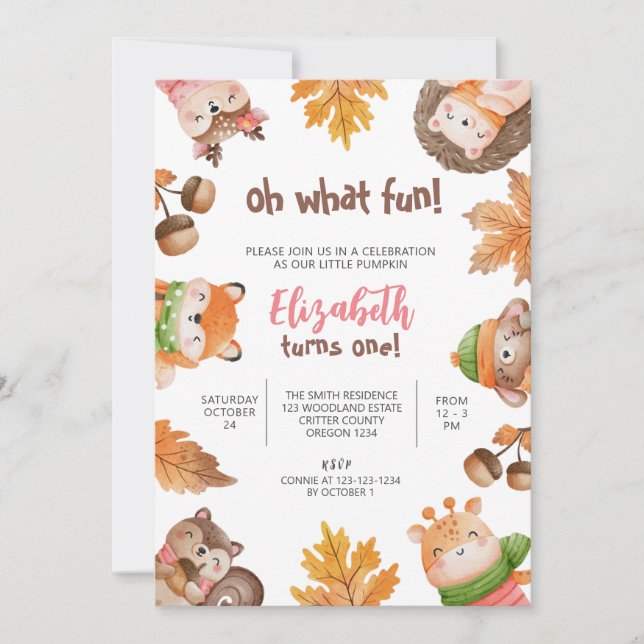 Invitación Woodland Birthday, First Birthday, 1st Girl (Anverso)