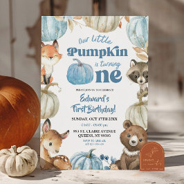 Invitación Woodland Blue Boho Bompkin Boy 1er cumpleaños