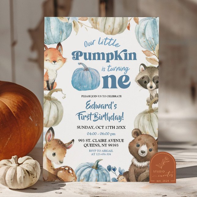 Invitación Woodland Blue Boho Bompkin Boy 1er cumpleaños (Subido por el creador)