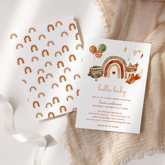 Invitación Woodland Boho Baby Shower (boho baby shower invitation with watercolor rainbow illustrations and woodland animals)