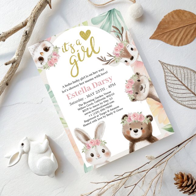Invitación Woodland Boho Chica Baby Shower con Floral Rosa (Subido por el creador)
