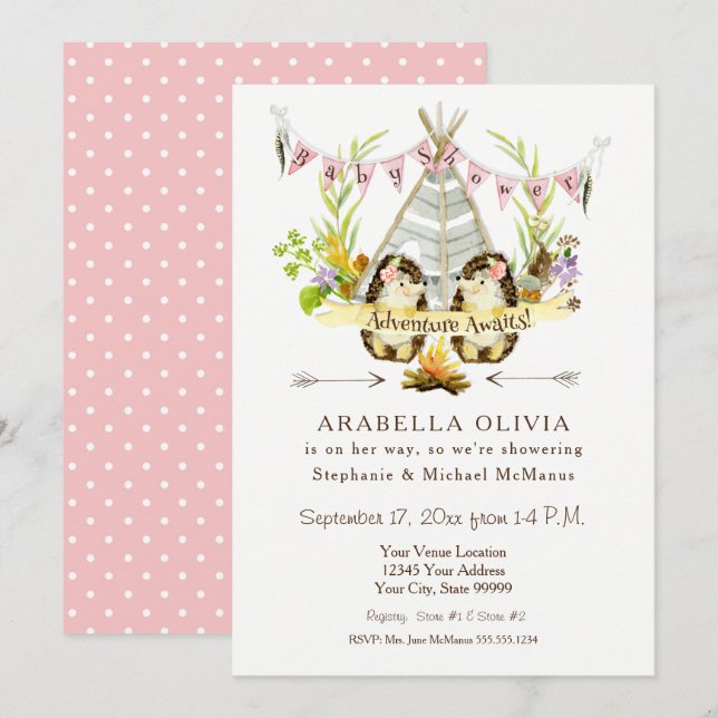 Invitación Woodland BOHO Teepee Hedgehogs Chica Baby Shower (Anverso / Reverso)