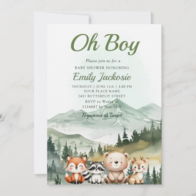 Invitación Woodland Boy Baby Forest (Anverso)