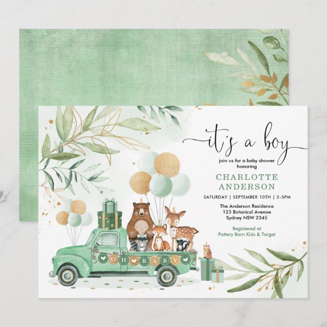 Invitación Woodland Boy Baby Shower Watercolor Greenery Gold (Anverso / Reverso)