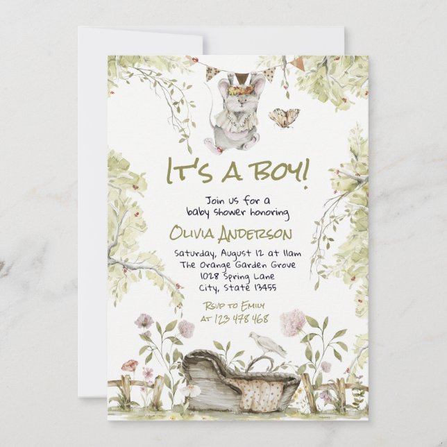 Invitación Woodland Boy Wild Forest Animals Baby Shower  (Anverso)