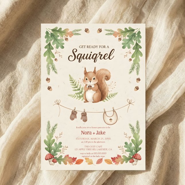 Invitación Woodland budget Squirrel Greenery baby shower (Subido por el creador)
