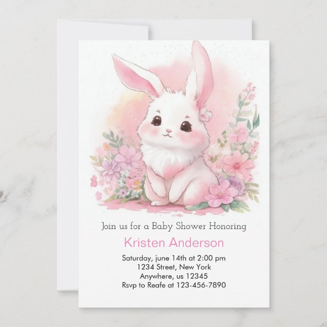 Invitación Woodland Bunny Chica Floral Rosa Baby Shower (Anverso)