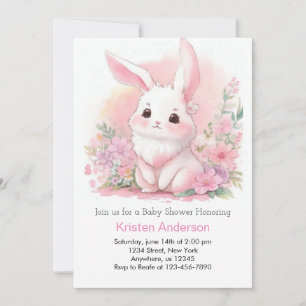 Invitación Woodland Bunny Chica Floral Rosa Baby Shower
