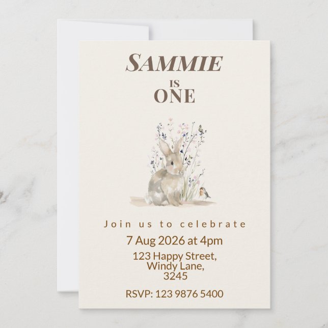 Invitación Woodland Bunny First Birthday Invitation (Anverso)