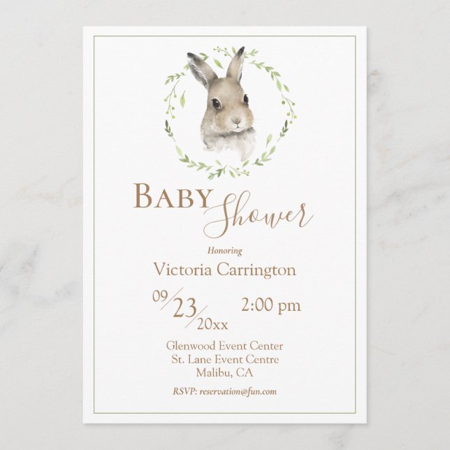 Invitación Woodland Bunny Greenery Baby Shower (Anverso)
