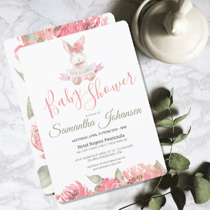Invitación Woodland Bunny Pink Watercolor Floral Baby Shower