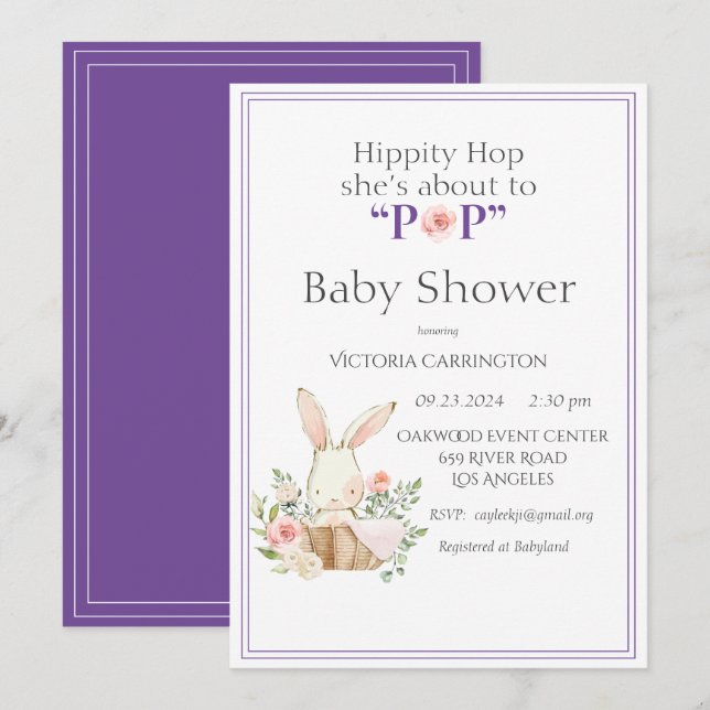 Invitación Woodland Bunny Rabbit Purple Modern (Anverso / Reverso)