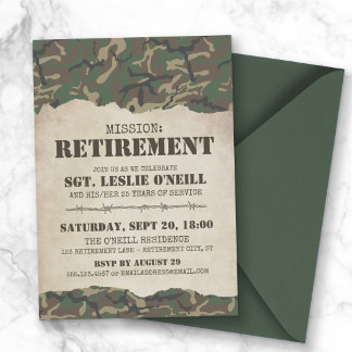 Invitación Woodland Camo Military Mission Retirement Party