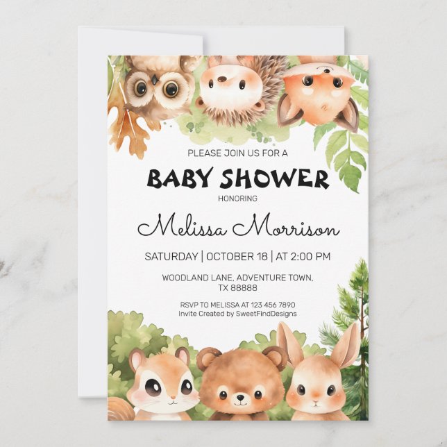 Invitación Woodland Charming Forest Friends Baby Shower (Anverso)