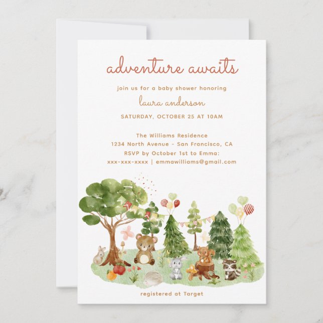 Invitación Woodland Creations Fall Adventure Baby Shower (Anverso)