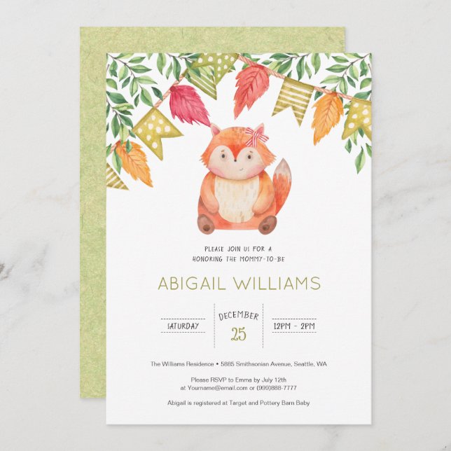 Invitación Woodland Cute Baby Fox Baby Shower (Anverso / Reverso)