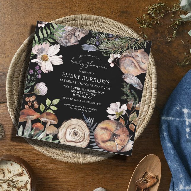 Invitación Woodland Cute Forest Animals Black Baby Shower (Subido por el creador)