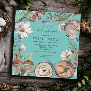 Invitación Woodland Cute Forest Animals Turquoise Baby Shower
