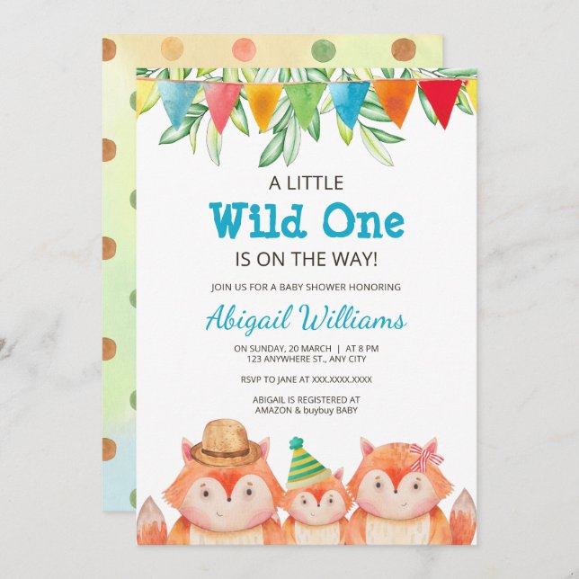 Invitación Woodland Cute Fox Baby Shower Wild One (Anverso / Reverso)