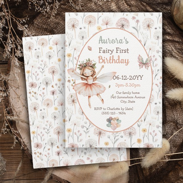 Invitación Woodland Dandelion acuarela Hada Primer cumpleaños (Subido por el creador)