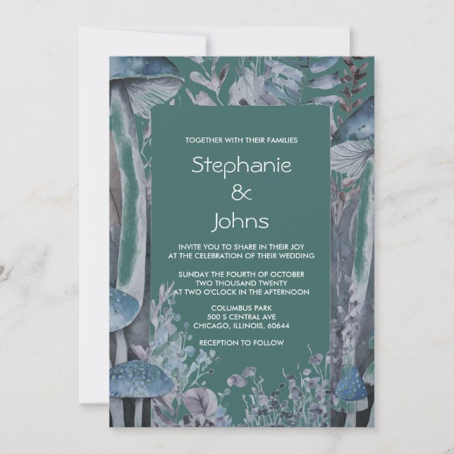 Invitación Woodland Dark Verde azulado Boda de hongos azules  (Anverso)