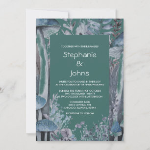 Invitación Woodland Dark Verde azulado Boda de hongos azules 
