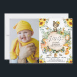 Invitación Woodland de girasol Wild One First Birthday Photo<br><div class="desc">Celebra tu pequeño y salvaje 1 girando con esta caprichosa invitación de cumpleaños con temática de girasol / bosques. El diseño incluye un grupo de adorables amigos del bosque (ciervo,  oso,  mapache,  zorro,  búho,  conejito,  zorrillo) y exuberante vegetación acuática y girasoles rústicos.</div>