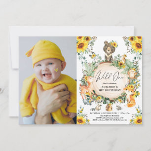 Invitación Woodland de girasol Wild One First Birthday Photo