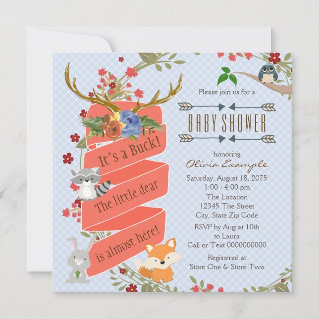 Invitación Woodland Deer Baby Shower (Anverso)