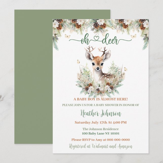 Invitación Woodland Deer Baby Shower Boy (Anverso / Reverso)