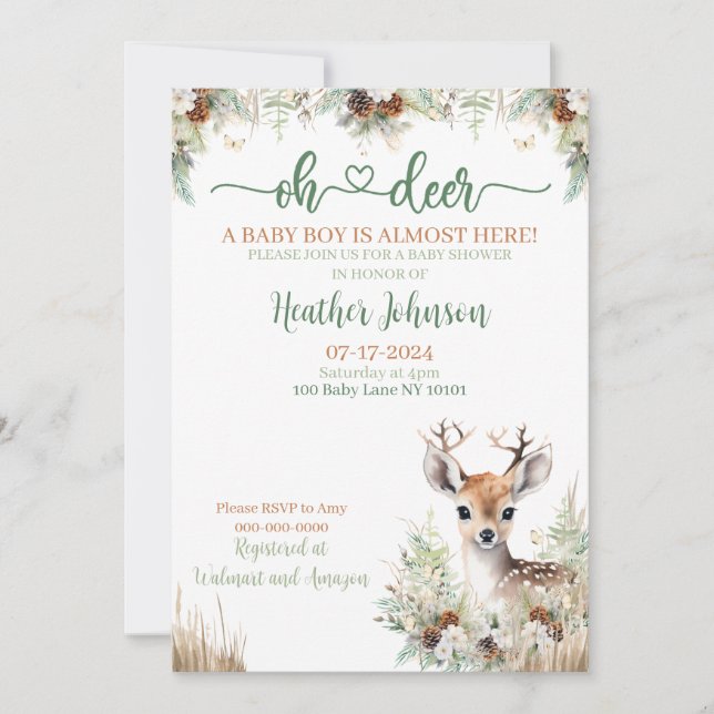 Invitación Woodland Deer Baby Shower Boy (Anverso)