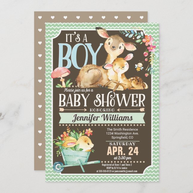 Invitación Woodland Deer Baby Shower Invitation Boy (Anverso / Reverso)