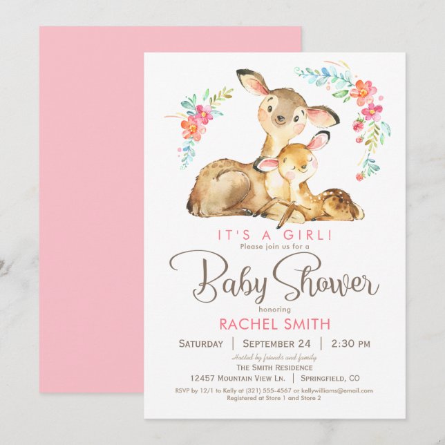 Invitación Woodland Deer Chica Baby Shower (Anverso / Reverso)